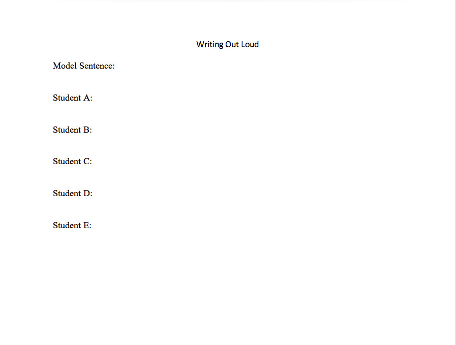 Blank writing out loud template with space for each student to write.