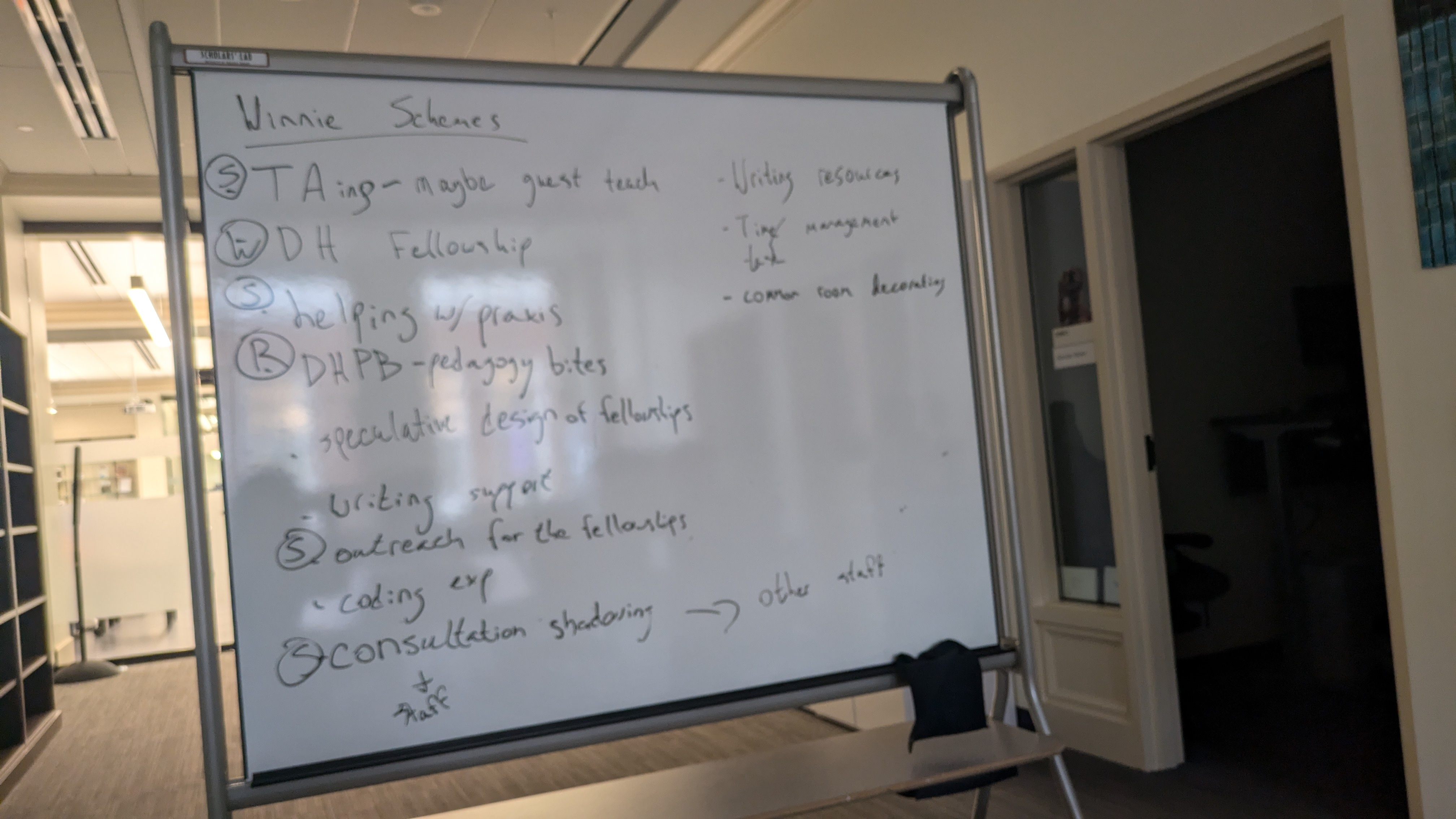 Whiteboard containing various tasks for Winnie's internship