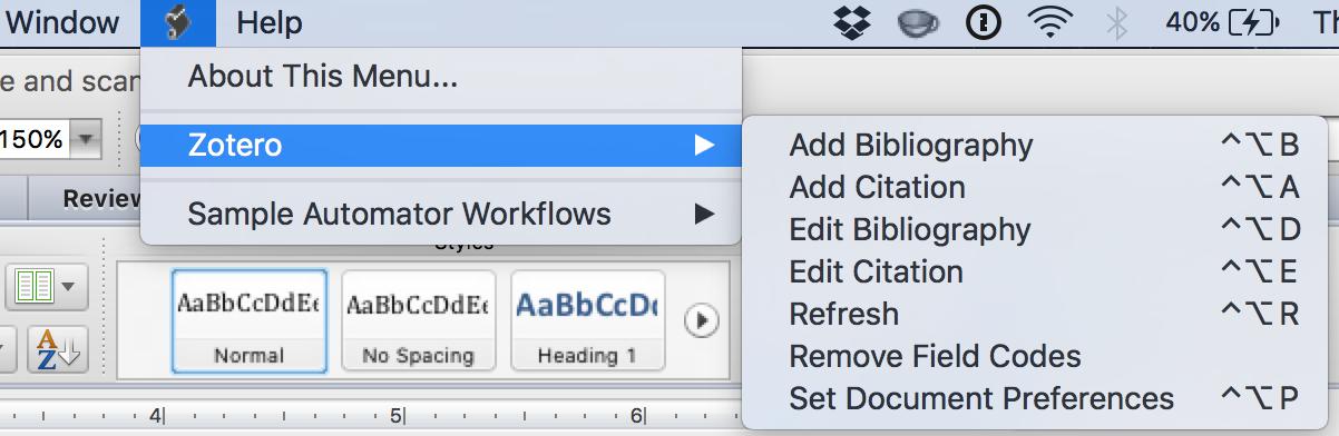 zotero menu in word