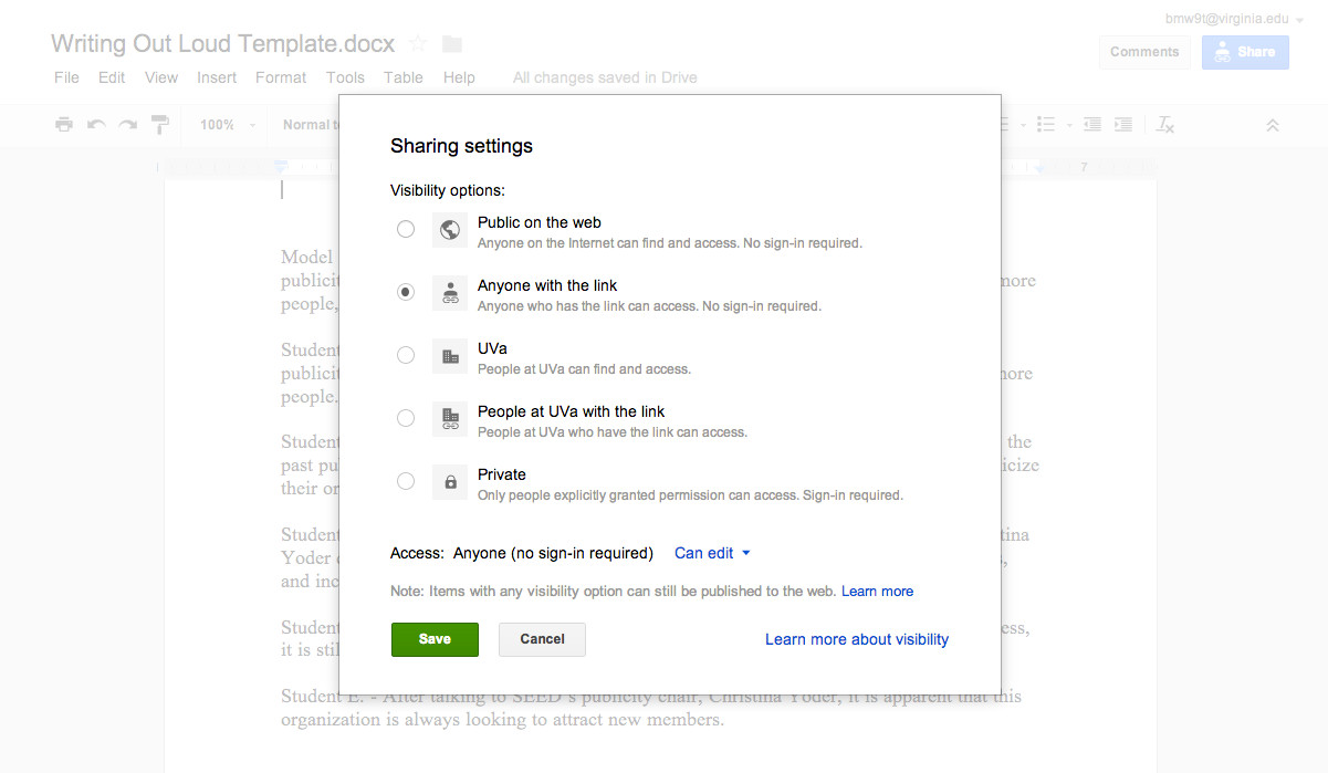 Set Google docs settings to publicly editable