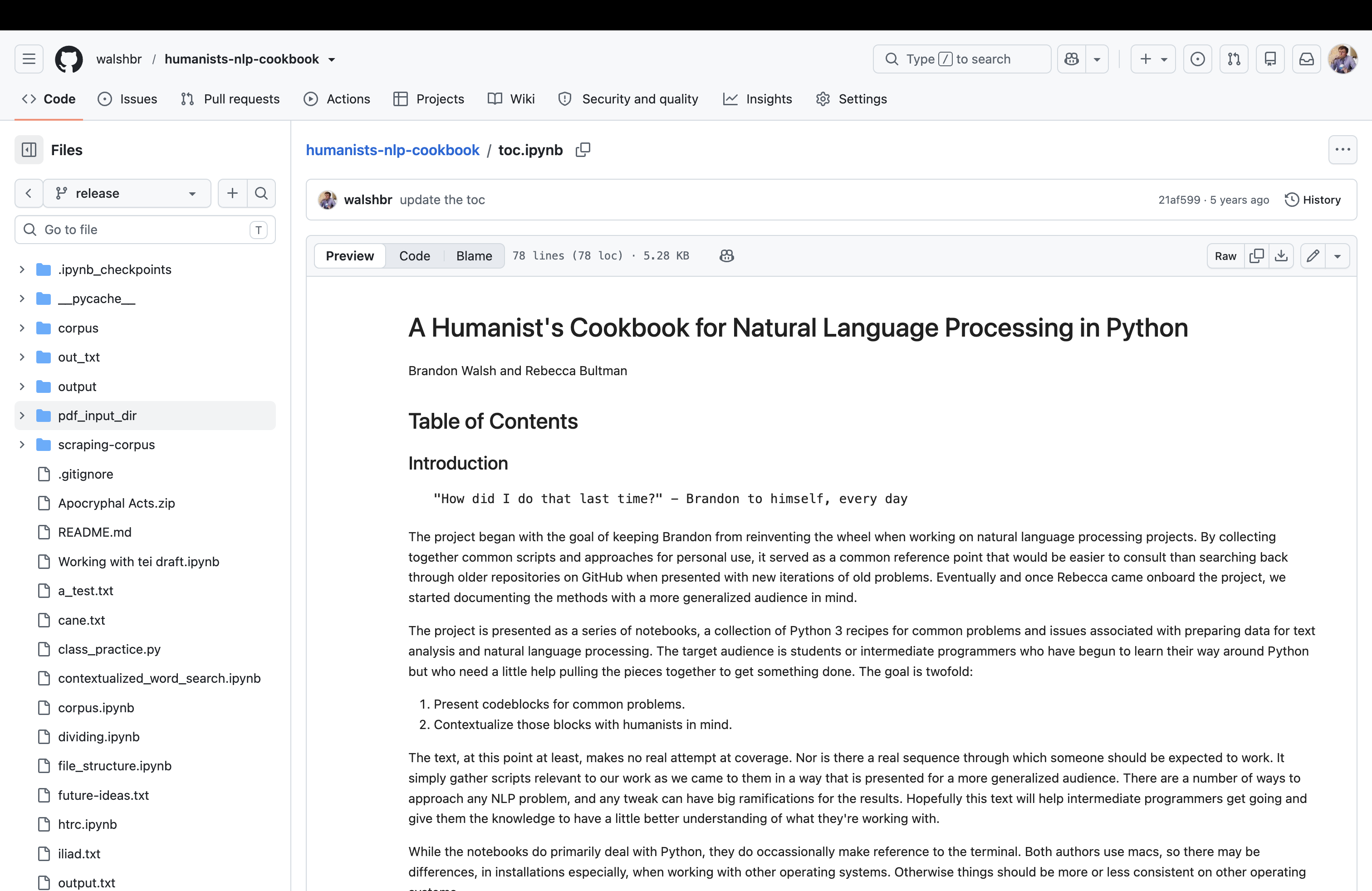 Table of Contents for A Humanist's Cookbook For Natural Language Processing In Python