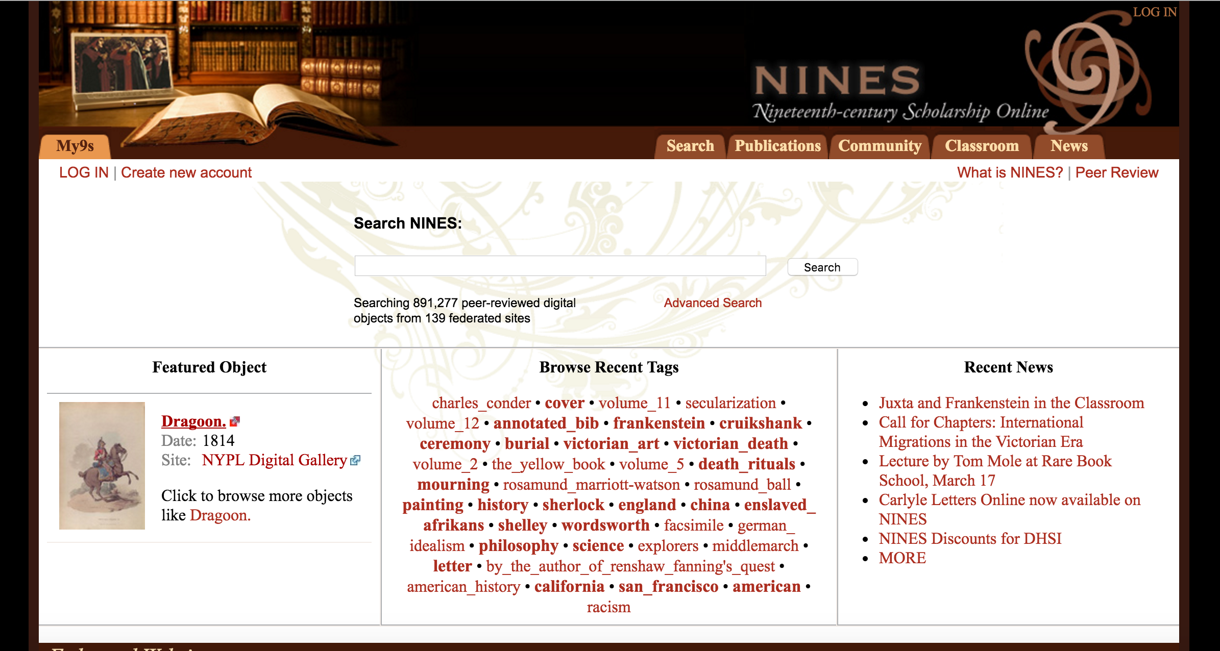 NINES splash page
