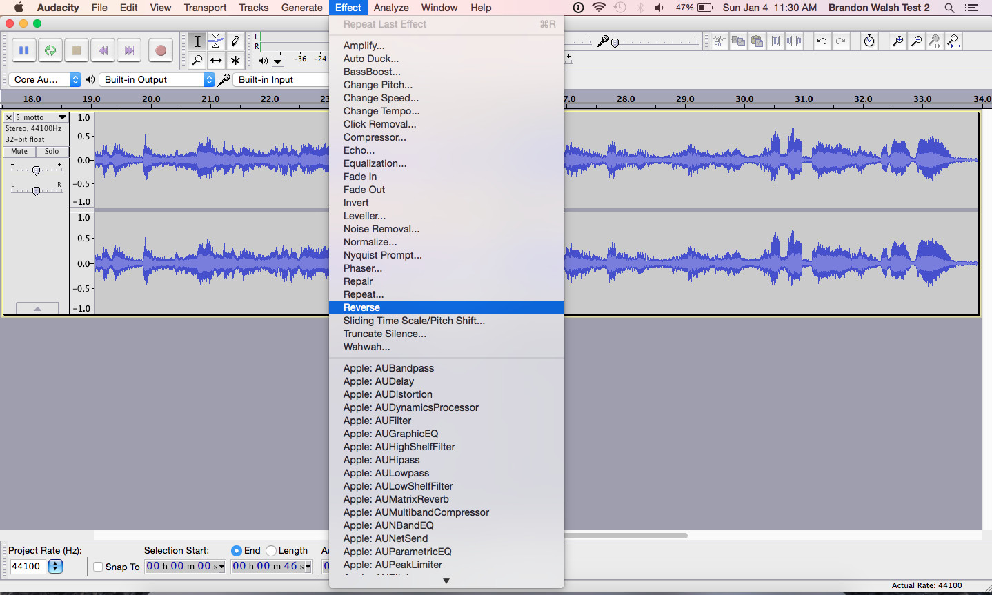 Audacity effects menu and reverse function