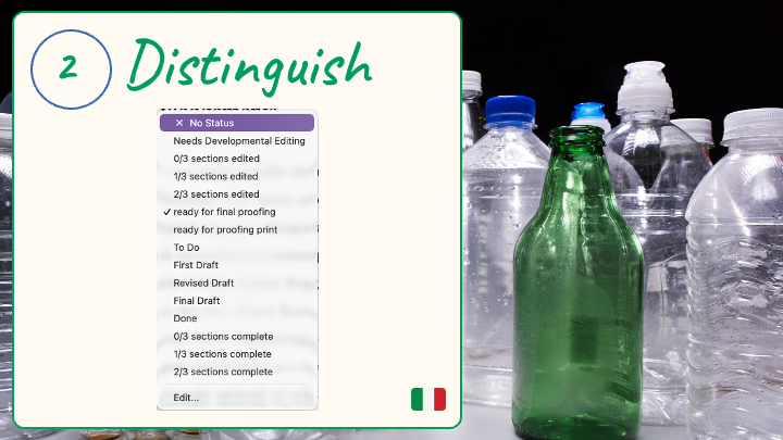 Several different statuses a piece of writing might have. Over image of bottles.