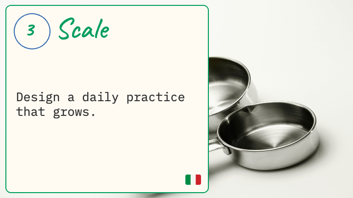 Scale - design a daily writing practice that grows. Over image of measuring cups.
