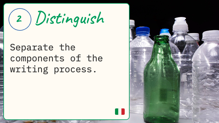 Distinguish - Separate the components of the writing process. Over image of bottles.
