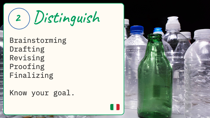 Know your goal: brainstorming, drafting, revising, proofing, finalizing. Over image of bottles.