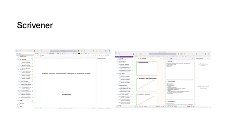 Screenshot of scrivener project setup and scrivener cork board