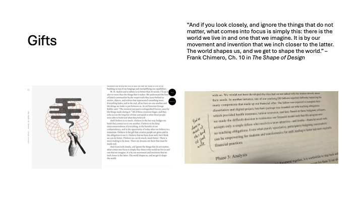 Screenshot of Frank Chimero's The Shape of Design along with marginalia from a reader's take on a current book manuscript