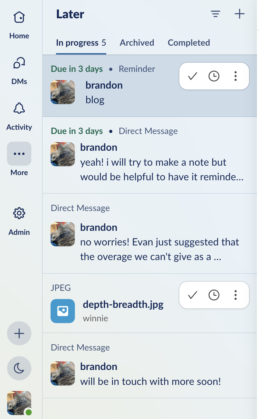 task list in slack as conveyed through a series of reminders.