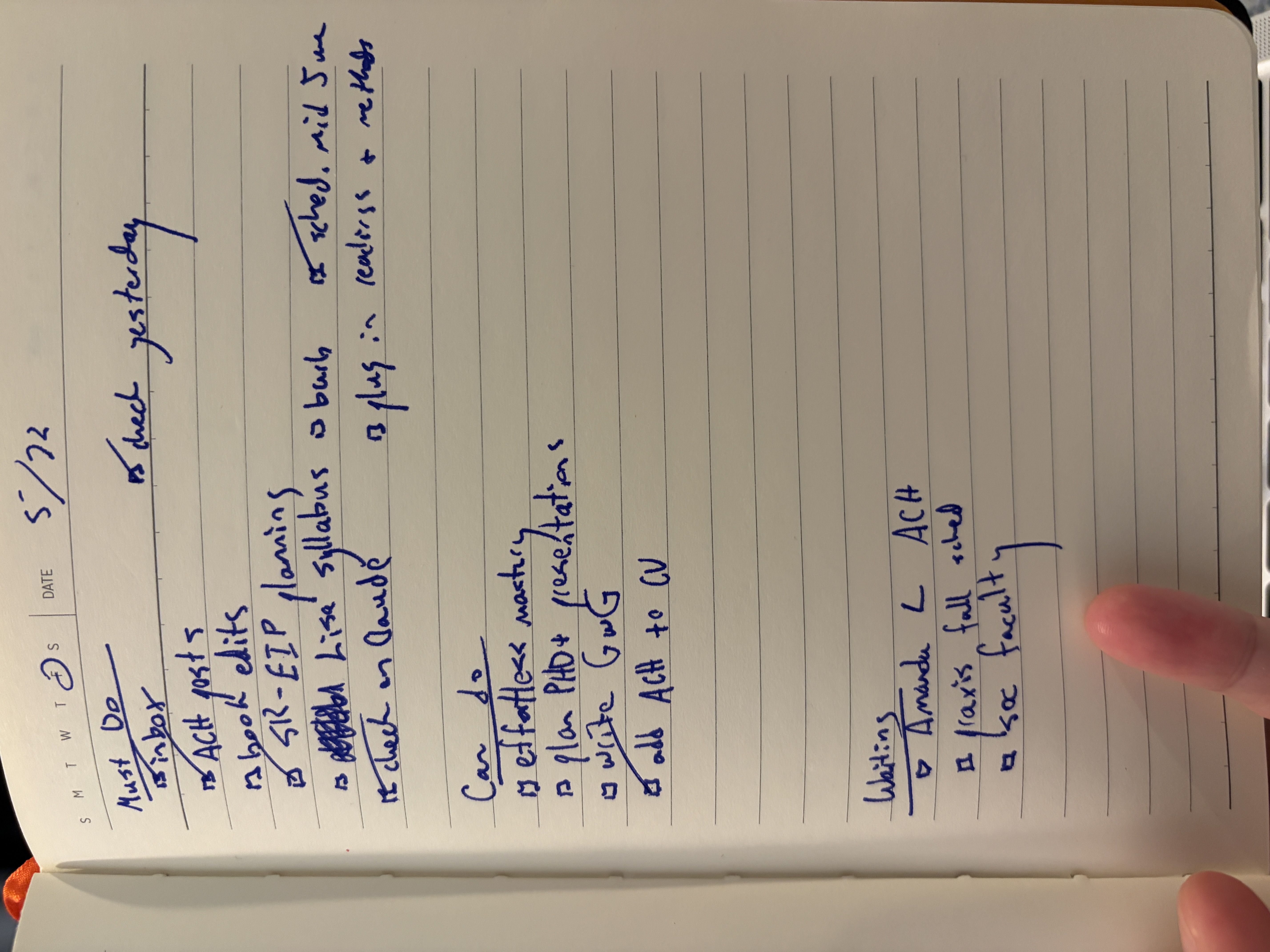 task list in a notebook with separate sections for "can do," "must do," and "waiting."